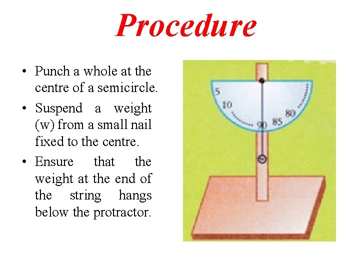 Procedure • Punch a whole at the centre of a semicircle. • Suspend a