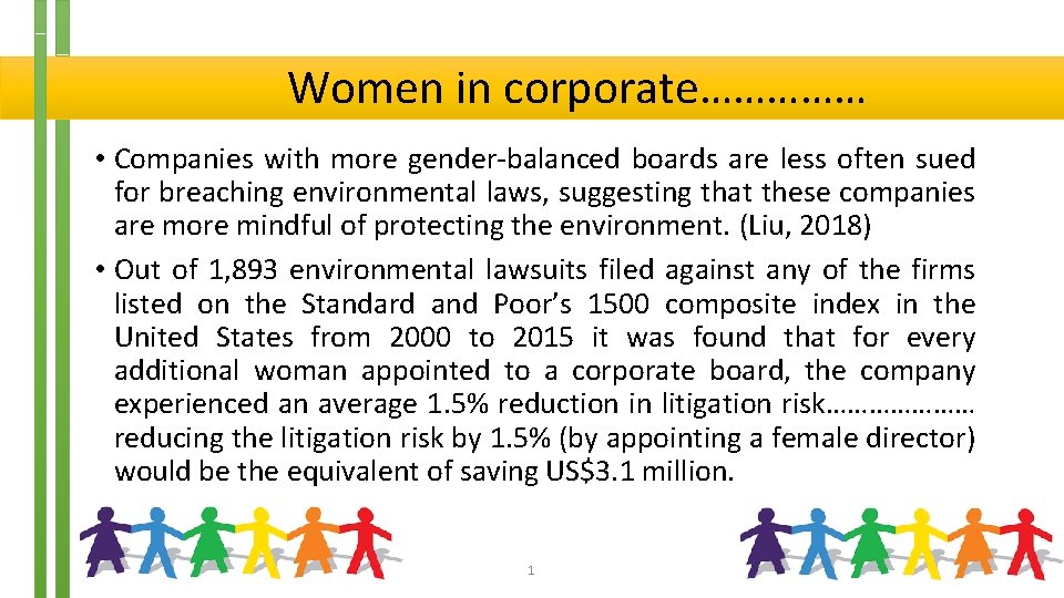  Women in corporate…………… • Companies with more gender-balanced boards are less often sued