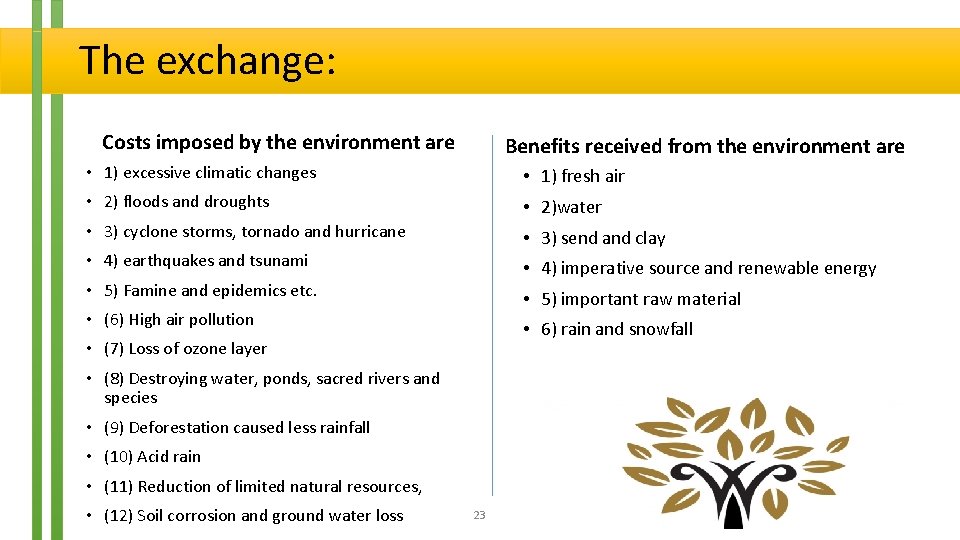 The exchange: Costs imposed by the environment are Benefits received from the environment are