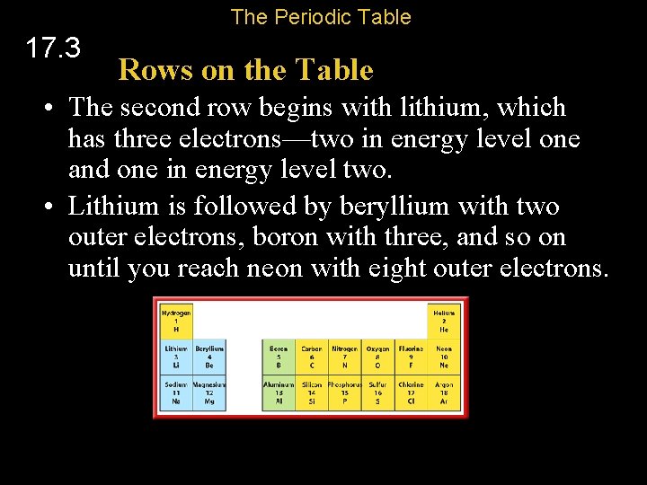 The Periodic Table 17. 3 Rows on the Table • The second row begins