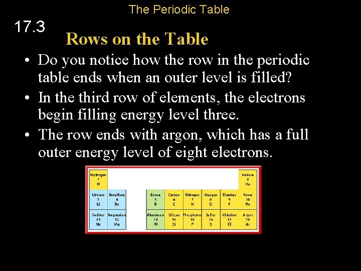 The Periodic Table 17. 3 Rows on the Table • Do you notice how
