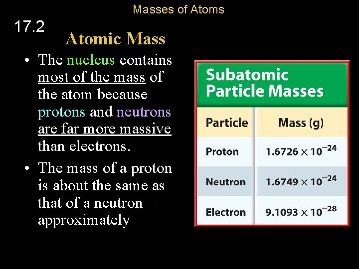 Masses of Atoms 17. 2 Atomic Mass • The nucleus contains most of the