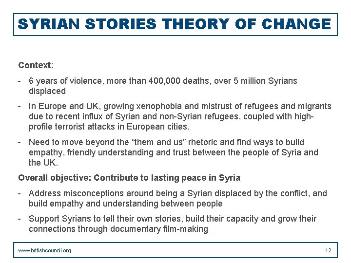 SYRIAN STORIES THEORY OF CHANGE Context: - 6 years of violence, more than 400,