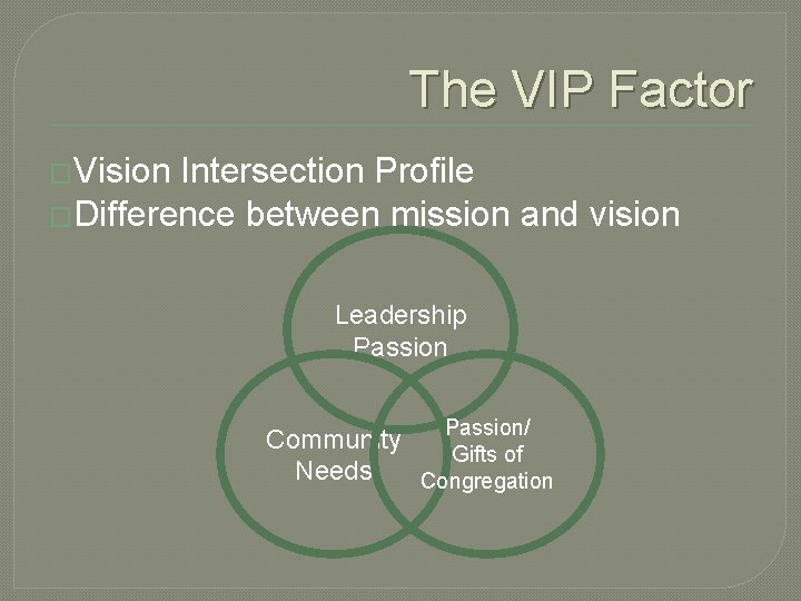 The VIP Factor �Vision Intersection Profile �Difference between mission and vision Leadership Passion/ Community
