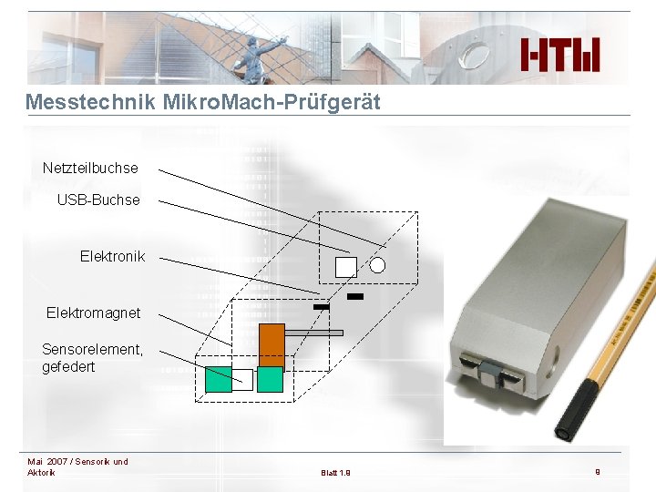 Messtechnik Mikro. Mach-Prüfgerät Netzteilbuchse USB-Buchse Elektronik Elektromagnet Sensorelement, gefedert Mai 2007 / Sensorik und