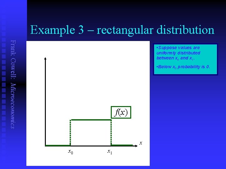 Example 3 – rectangular distribution Frank Cowell: Microeconomics §Suppose values are uniformly distributed between