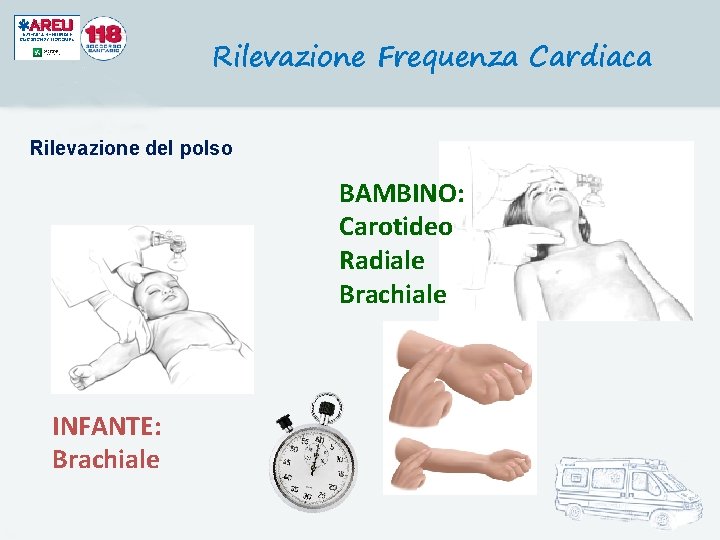 Rilevazione Frequenza Cardiaca Rilevazione del polso BAMBINO: Carotideo Radiale Brachiale INFANTE: Brachiale 