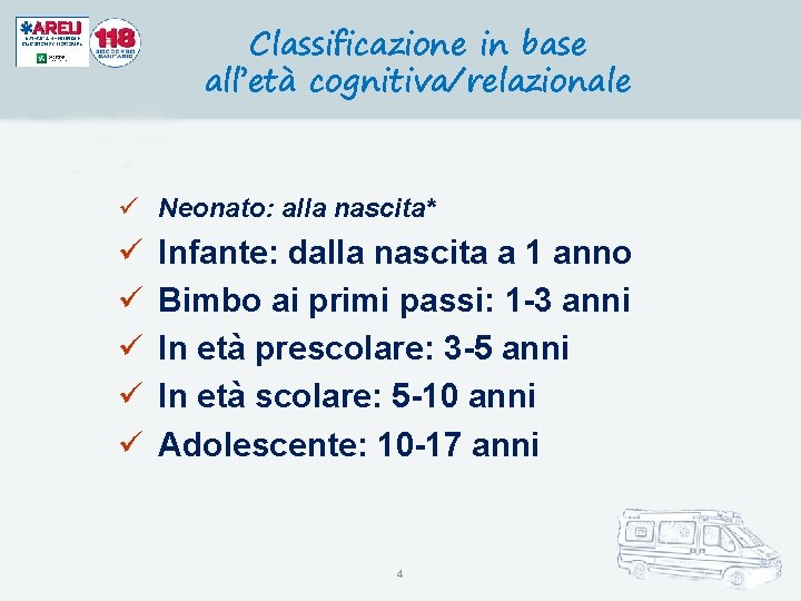 Classificazione in base all’età cognitiva/relazionale ü Neonato: alla nascita* ü ü ü Infante: dalla