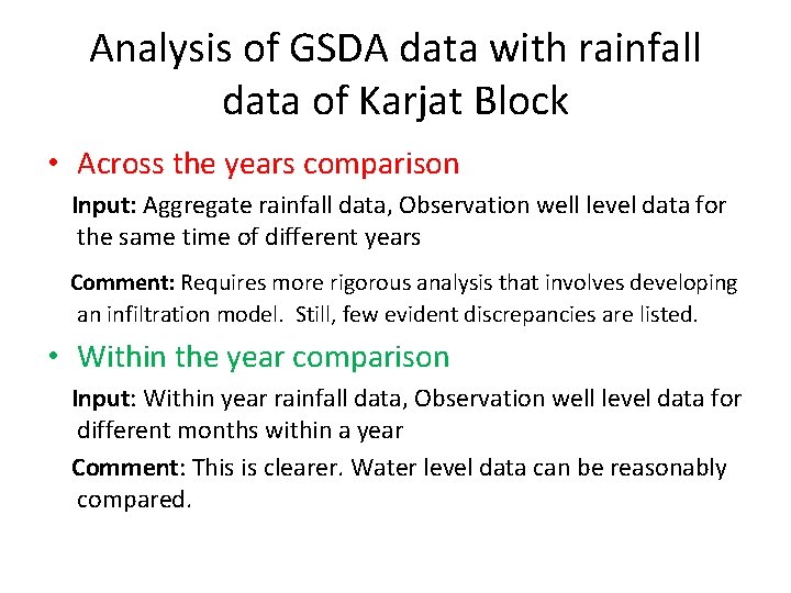 Analysis of GSDA data with rainfall data of Karjat Block • Across the years