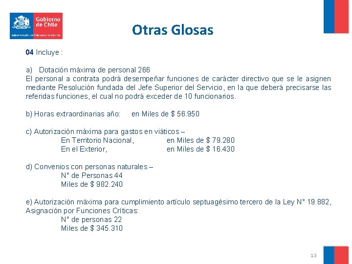 Otras Glosas 04 Incluye : a) Dotación máxima de personal 266 El personal a