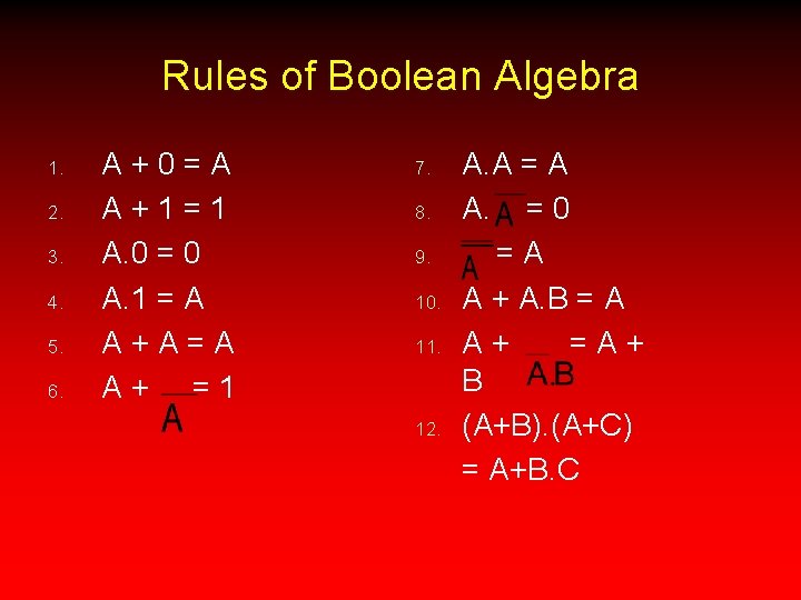 Rules of Boolean Algebra 1. 2. 3. 4. 5. 6. A+0=A A+1=1 A. 0