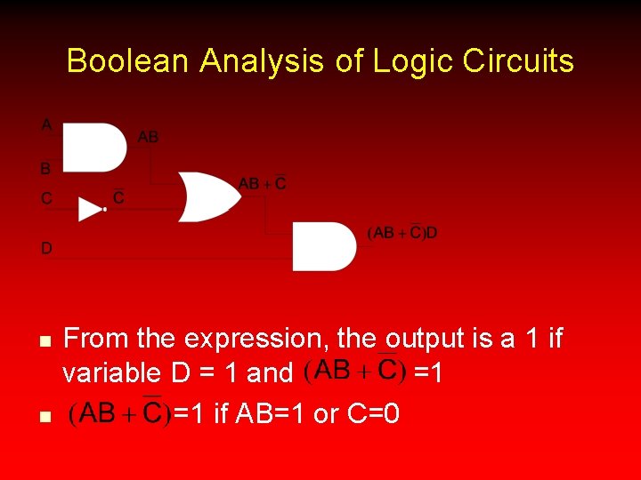 Boolean Analysis of Logic Circuits n n From the expression, the output is a