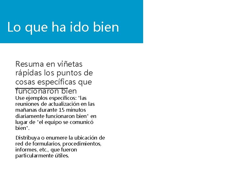 Lo que ha ido bien Resuma en viñetas rápidas los puntos de cosas específicas