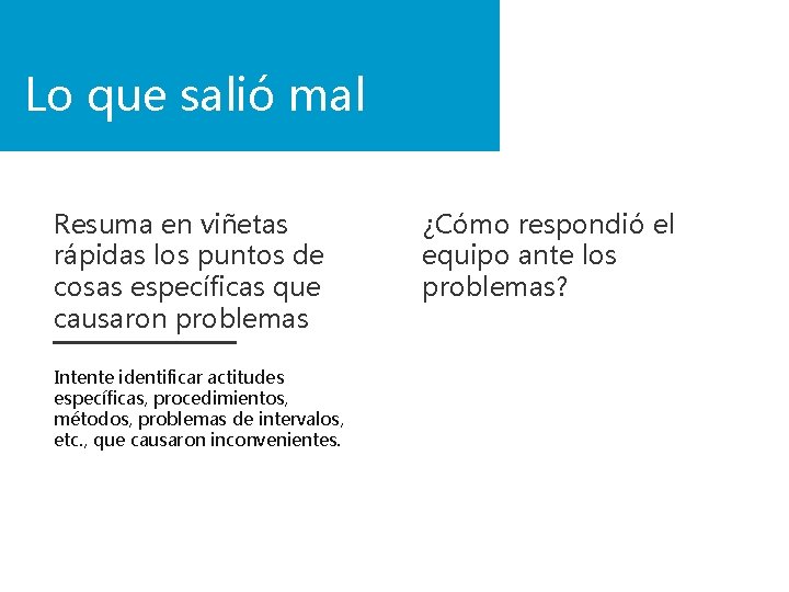 Lo que salió mal Resuma en viñetas rápidas los puntos de cosas específicas que