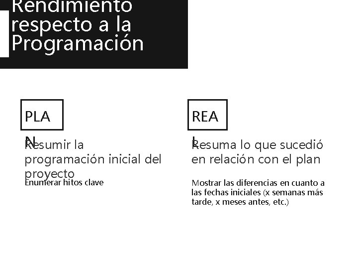 Rendimiento respecto a la Programación PLA REA N Resumir la programación inicial del proyecto
