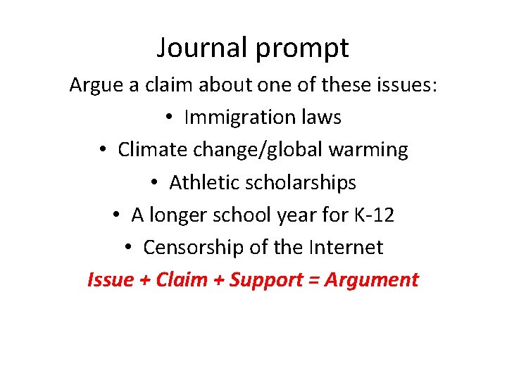 Journal prompt Argue a claim about one of these issues: • Immigration laws •