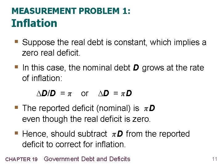 MEASUREMENT PROBLEM 1: Inflation § Suppose the real debt is constant, which implies a