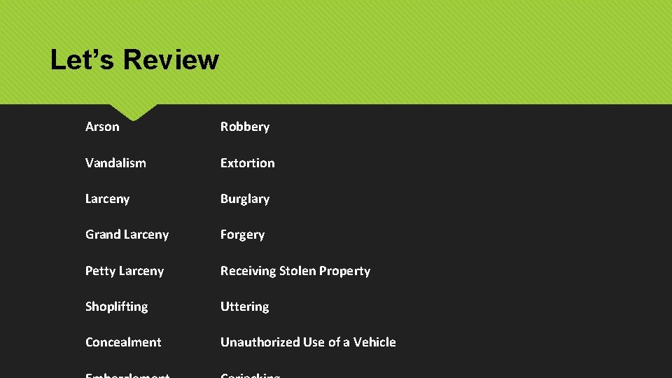 Let’s Review Arson Vandalism Larceny Grand Larceny Petty Larceny Shoplifting Concealment Robbery Extortion Burglary