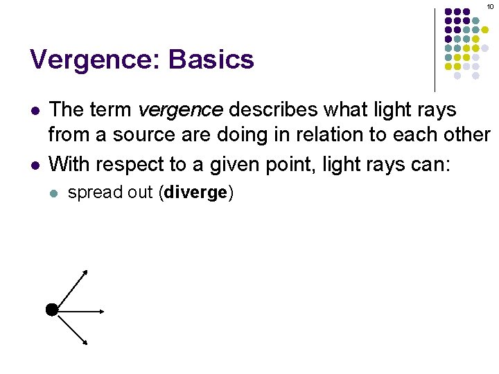 10 Vergence: Basics l l The term vergence describes what light rays from a