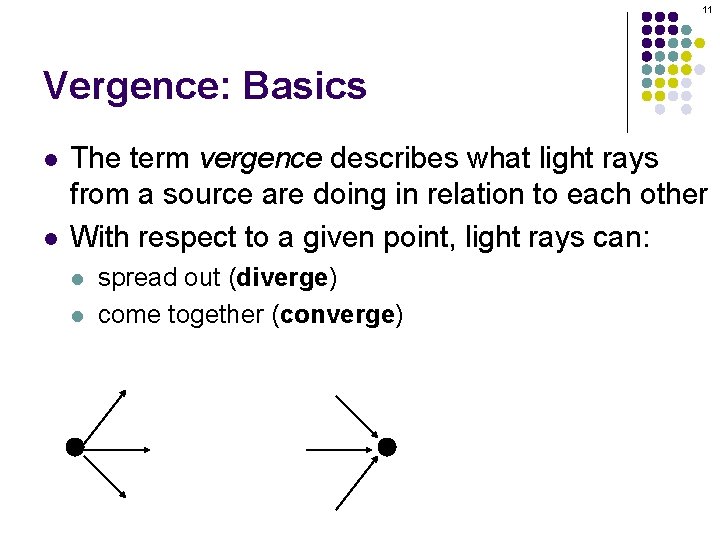 11 Vergence: Basics l l The term vergence describes what light rays from a