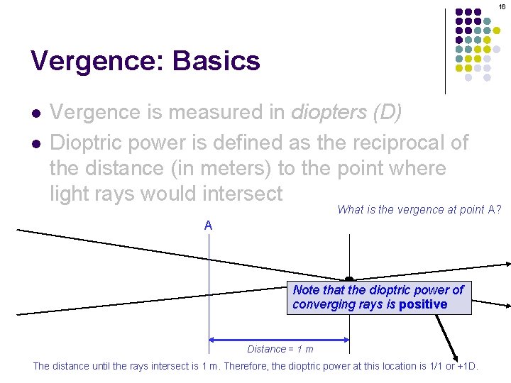 16 Vergence: Basics l l Vergence is measured in diopters (D) Dioptric power is