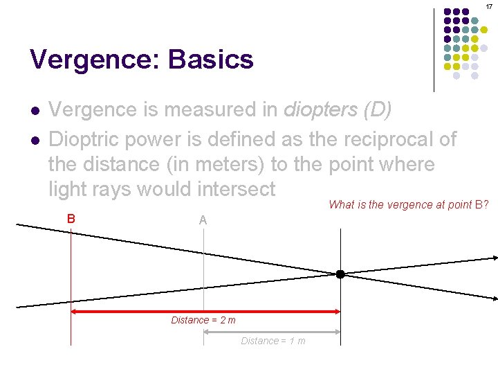 17 Vergence: Basics l l Vergence is measured in diopters (D) Dioptric power is