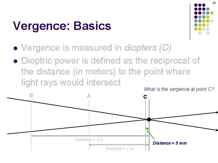 23 Vergence: Basics l l Vergence is measured in diopters (D) Dioptric power is