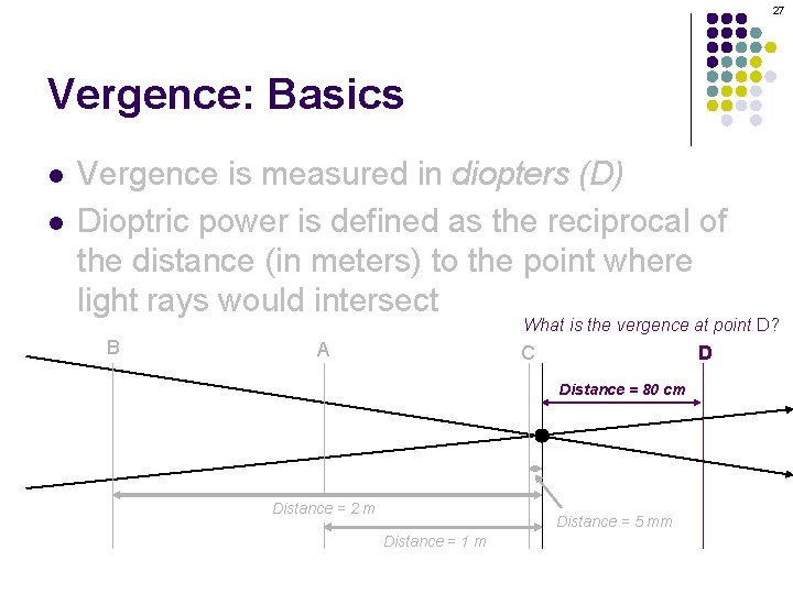 27 Vergence: Basics l l Vergence is measured in diopters (D) Dioptric power is