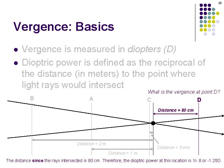 28 Vergence: Basics l l Vergence is measured in diopters (D) Dioptric power is