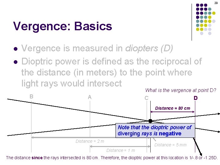 29 Vergence: Basics l l Vergence is measured in diopters (D) Dioptric power is