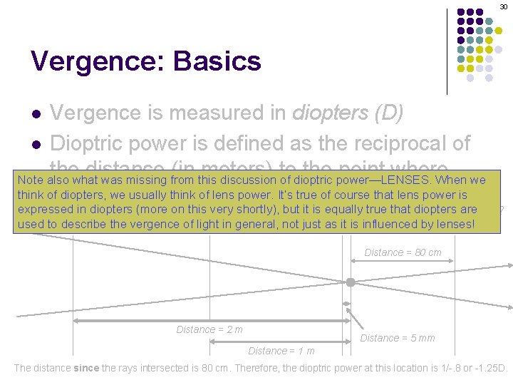 30 Vergence: Basics Vergence is measured in diopters (D) l Dioptric power is defined