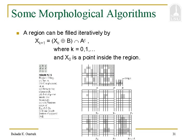 Some Morphological Algorithms n A region can be filled iteratively by Xk+1 = (Xk