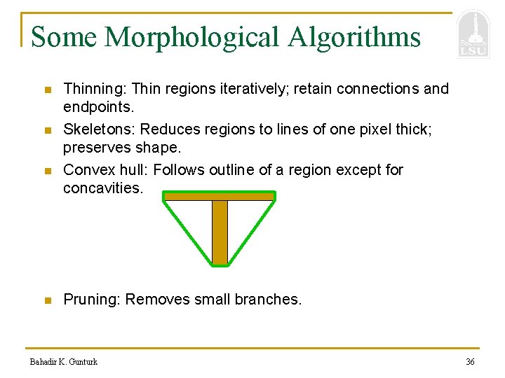 Some Morphological Algorithms n n Thinning: Thin regions iteratively; retain connections and endpoints. Skeletons: