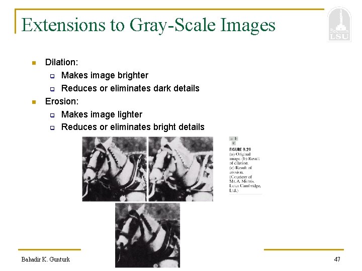 Extensions to Gray-Scale Images n n Dilation: q Makes image brighter q Reduces or