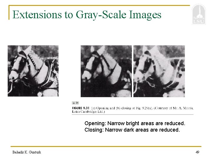 Extensions to Gray-Scale Images Opening: Narrow bright areas are reduced. Closing: Narrow dark areas