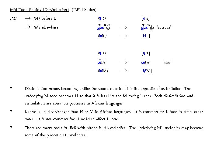 Mid Tone Raising (Dissimilation) (‘BELI Sudan) /M/ /H/ before L /3 2/ /M/ elsewhere