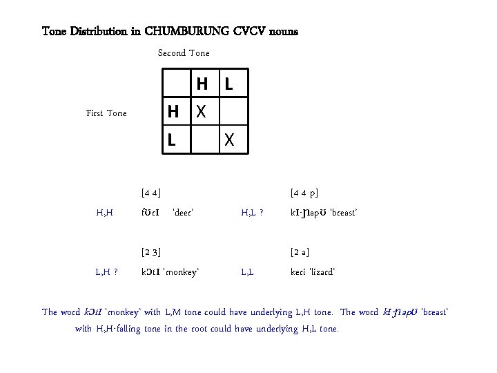 Tone Distribution in CHUMBURUNG CVCV nouns Second Tone First Tone H L H X