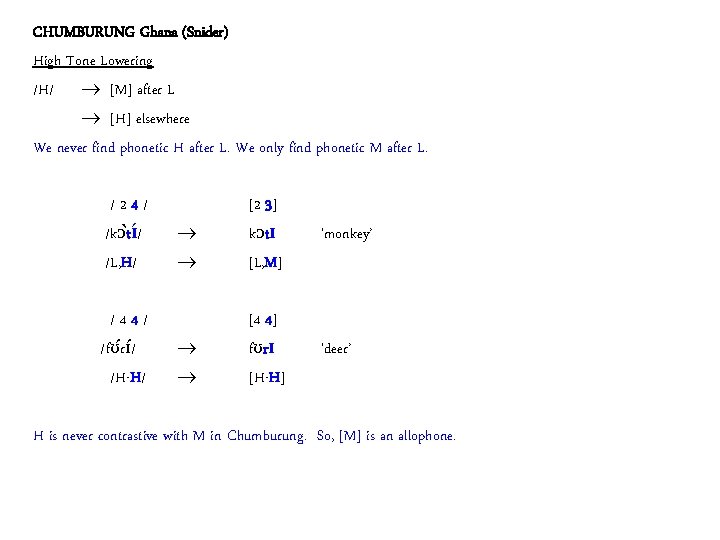 CHUMBURUNG Ghana (Snider) High Tone Lowering /H/ [M] after L [H] elsewhere We never