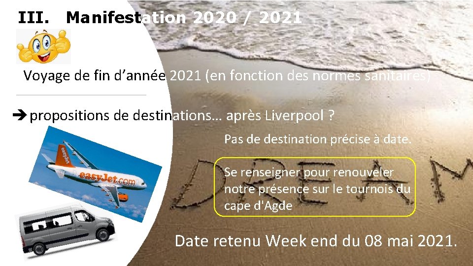 III. Manifestation 2020 / 2021 Voyage de fin d’année 2021 (en fonction des normes