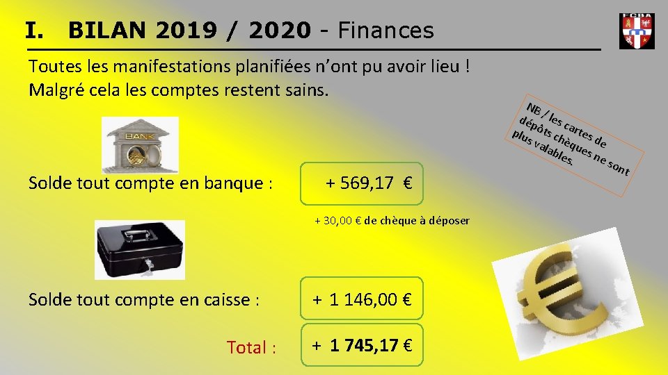 I. BILAN 2019 / 2020 - Finances Toutes les manifestations planifiées n’ont pu avoir