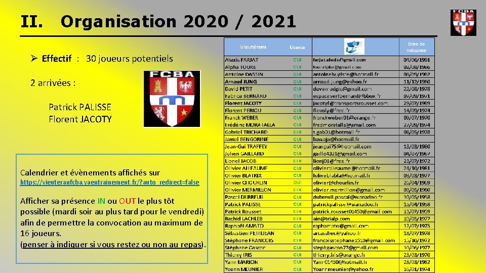 II. Organisation 2020 / 2021 Ø Effectif : 30 joueurs potentiels 2 arrivées :