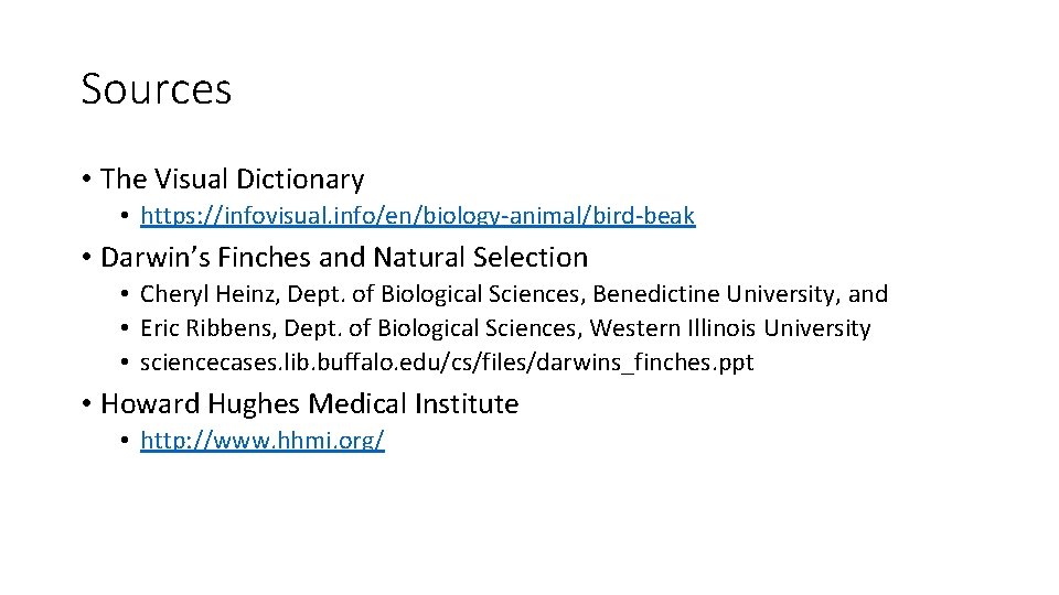 Sources • The Visual Dictionary • https: //infovisual. info/en/biology-animal/bird-beak • Darwin’s Finches and Natural
