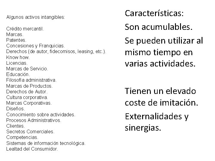 Algunos activos intangibles: Crédito mercantil. Marcas. Patentes. Concesiones y Franquicias. Derechos (de autor, fidecomisos,