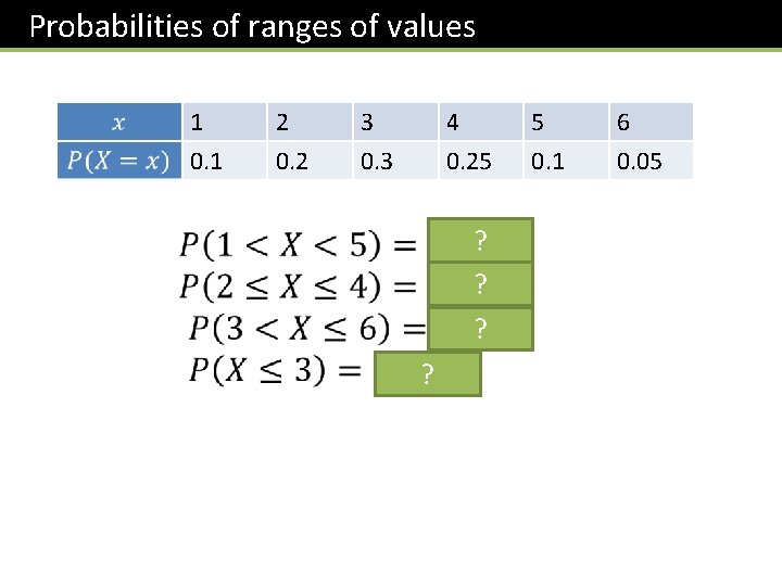 Probabilities of ranges of values 1 0. 1 2 0. 2 3 0. 3