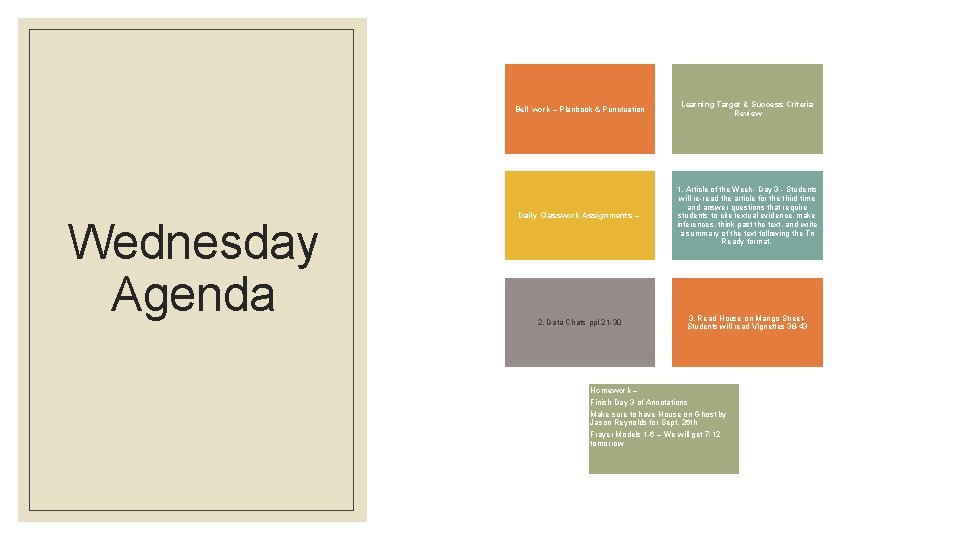 Wednesday Agenda Bell work – Planbook & Punctuation Learning Target & Success Criteria Review