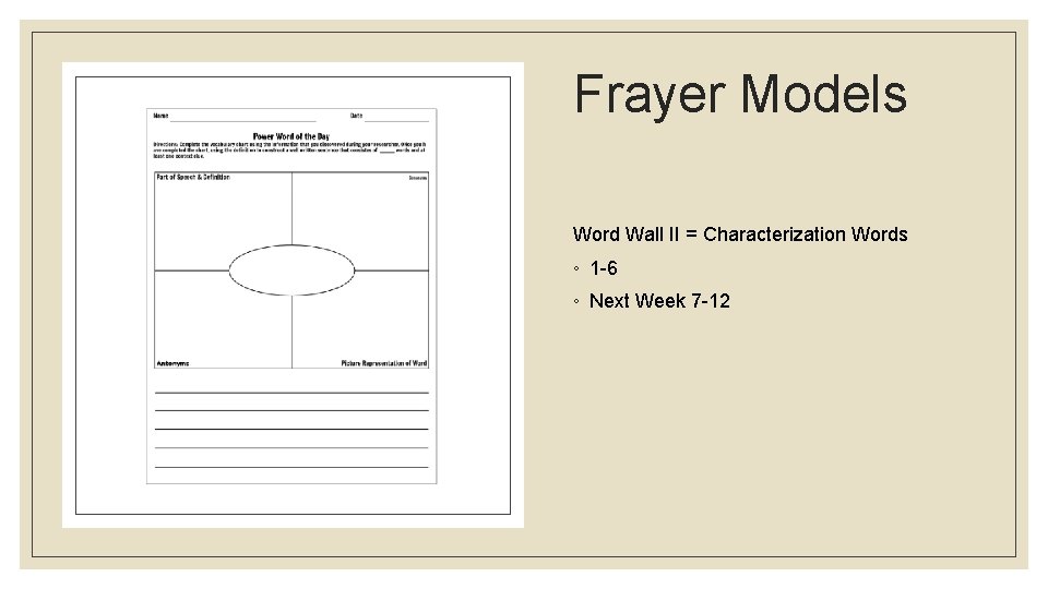 Frayer Models Word Wall II = Characterization Words ◦ 1 -6 ◦ Next Week