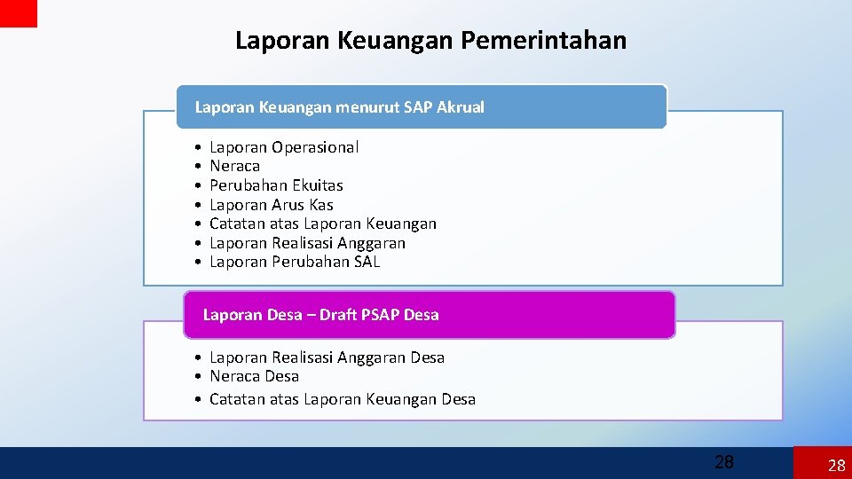 Laporan Keuangan Pemerintahan Laporan Keuangan menurut SAP Akrual • • Laporan Operasional Neraca Perubahan