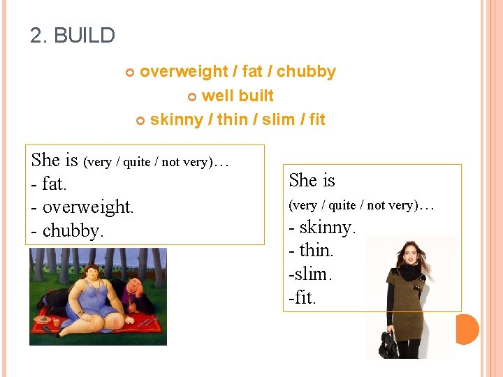2. BUILD overweight / fat / chubby well built skinny / thin / slim
