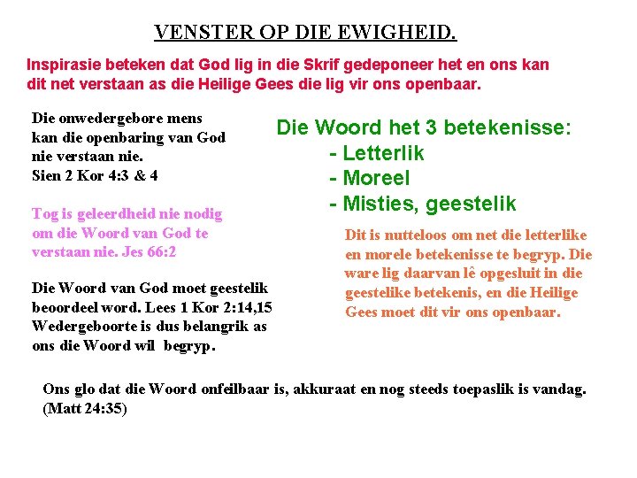 VENSTER OP DIE EWIGHEID. Inspirasie beteken dat God lig in die Skrif gedeponeer het