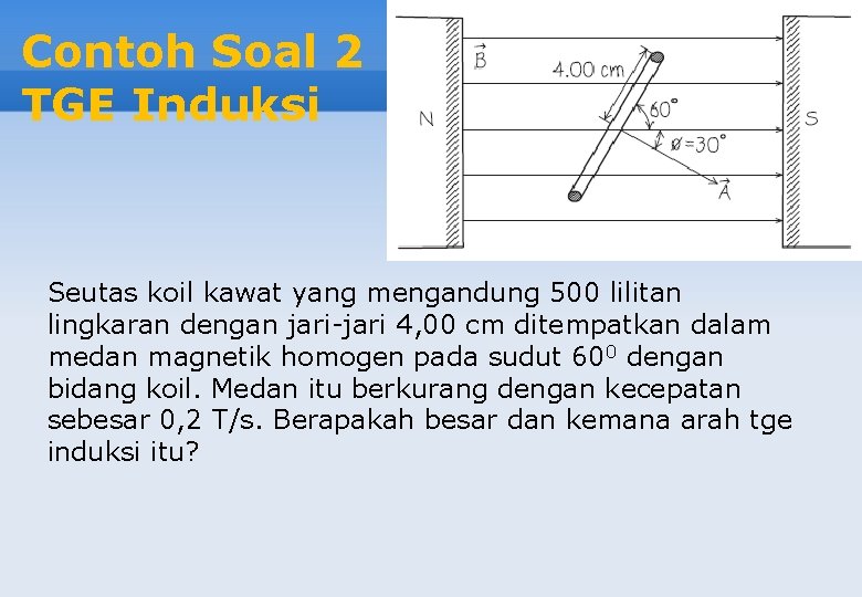 Contoh Soal 2 TGE Induksi Seutas koil kawat yang mengandung 500 lilitan lingkaran dengan